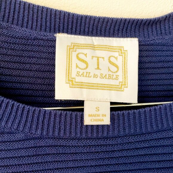 Tuckernuck Sail to Sable Ribbed Navy Blue Ruffle Sweater, Size Small - Picture 4 of 6